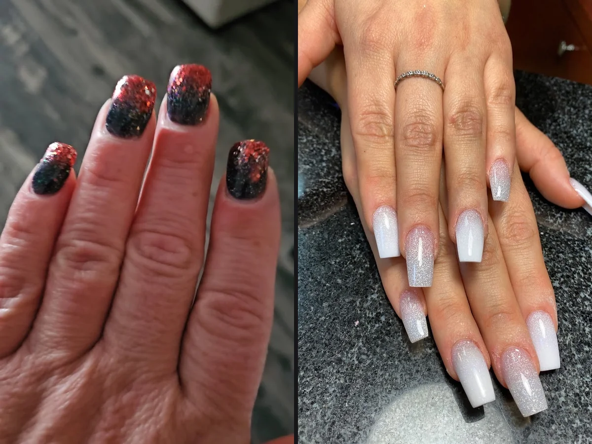 Manicure station with polish bottles nearby.