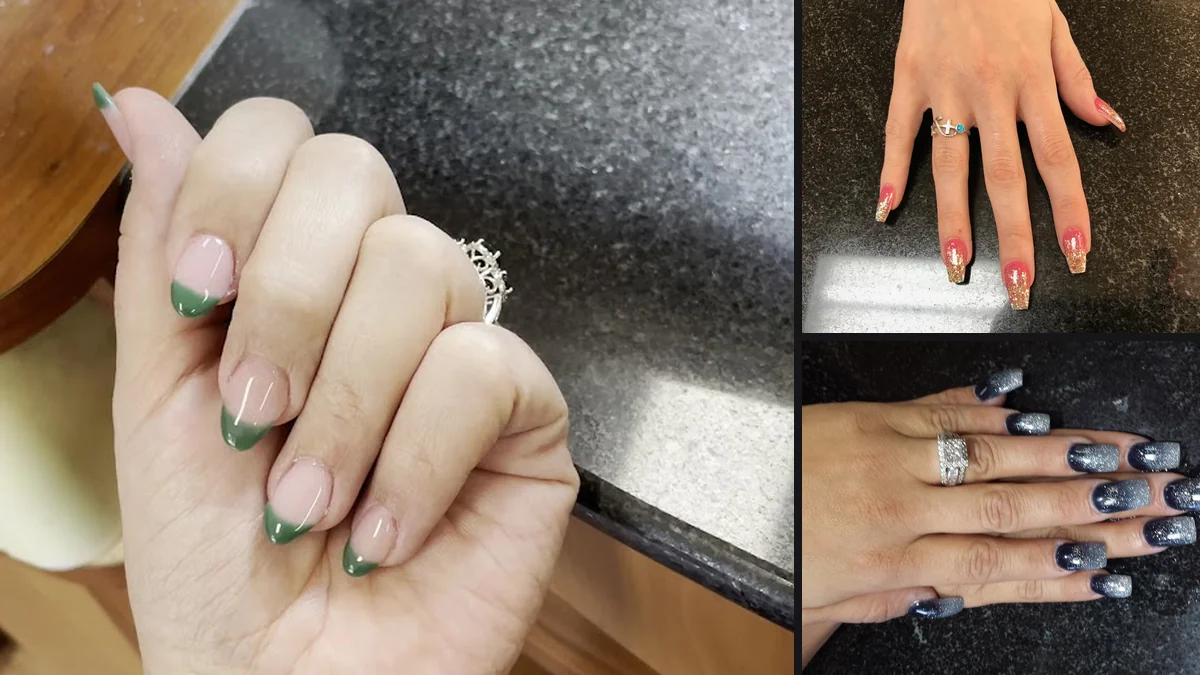 Close-up of polished nails and grooming tools.